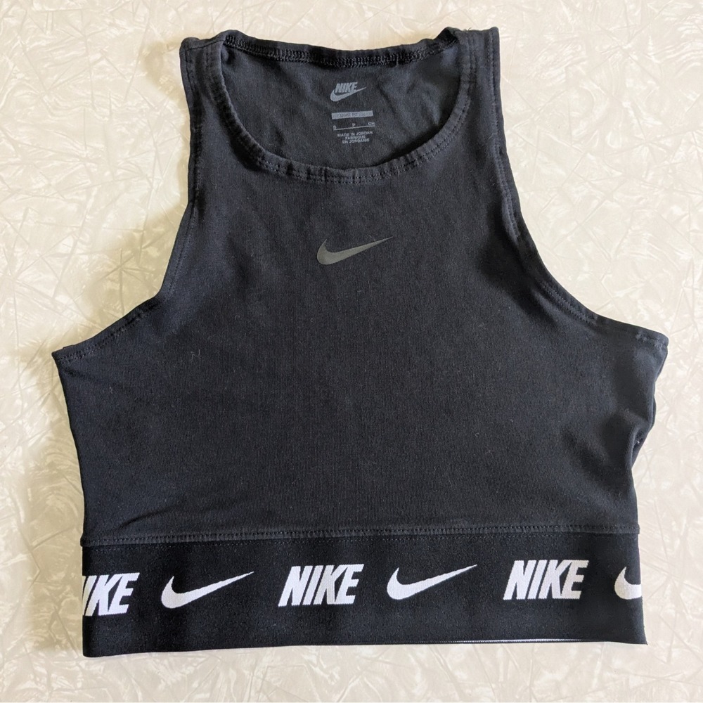Nike‎ Womens S Sportswear High Neck Crop Top Black Logo Waistband Bra Tank